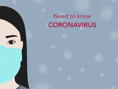 Tıbbi maskeli bir kadın. Coronavirus önleme konsepti. Vektör illüstrasyonu