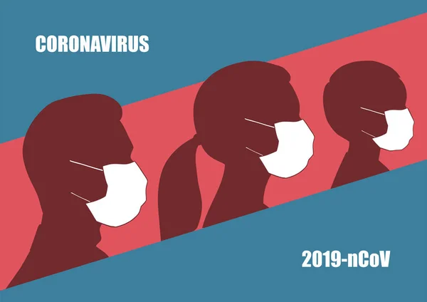 Silhouettes Homme Une Femme Enfant Portant Masque Médical Texte Coronavirus — Image vectorielle