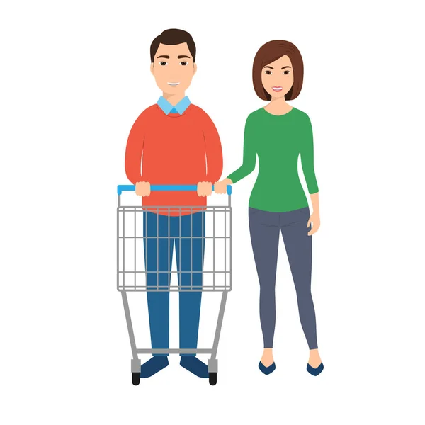 Een Man Vrouw Met Lege Trolley Een Supermarkt Vector Illustratie — Stockvector