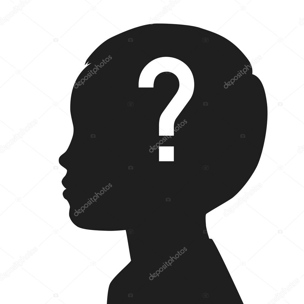 Silhouette of a child with question mark. Baby in profile. Vector illustration