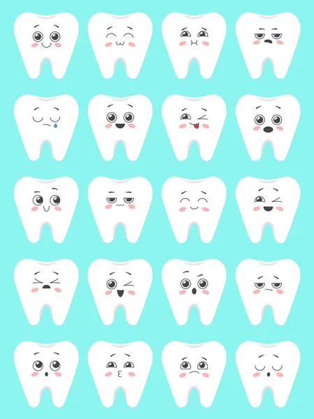 Set Cute Kawaii Cartoon Tooth Faces Emoji Collection Vector Illustration — Stock Vector