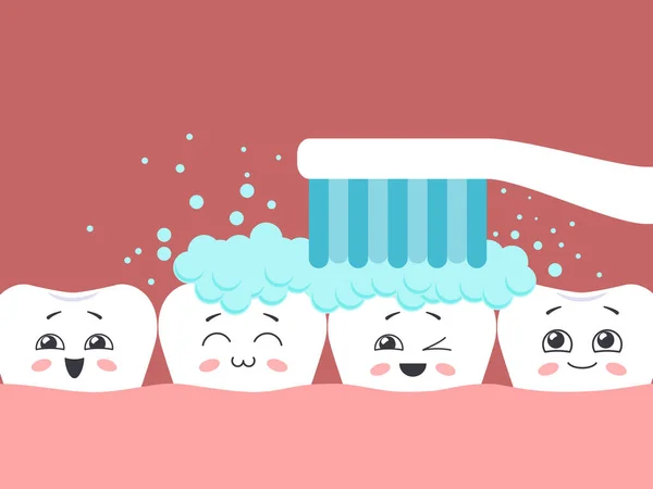 Tanden Poetsen Met Een Tandenborstel Leuke Tanden Karakters Vectorillustratie — Stockvector