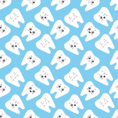 Kusursuz desenli, sevimli kawaii çizgi film dişli, yüzleri olan. Vektör illüstrasyonu