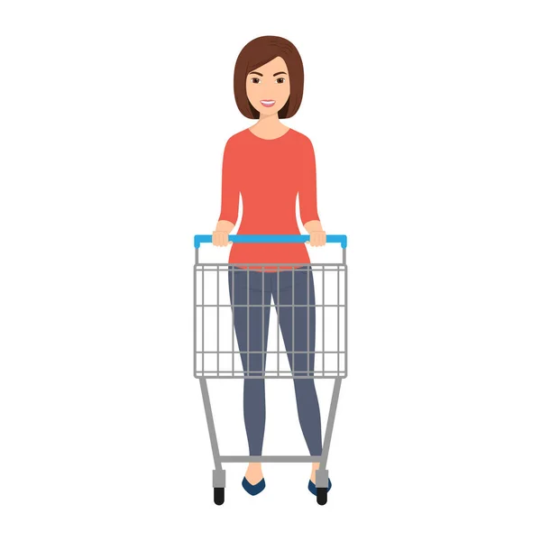 Femme Avec Chariot Vide Dans Supermarché Illustration Vectorielle — Image vectorielle