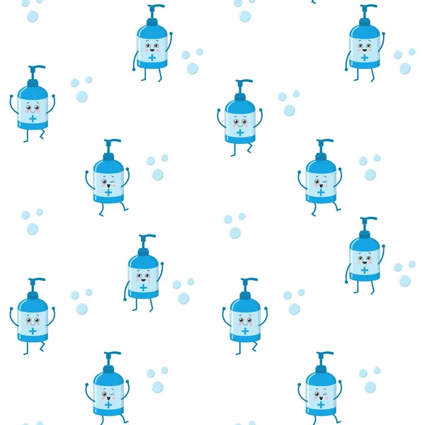 Seamless Pattern Cute Kawaii Cartoon Sanitizers Faces Vector Illustration — Stock Vector