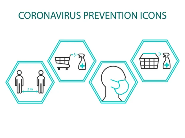 Conjunto Iconos Sobre Prevención Del Coronavirus Hacer Compras Uso Una — Vector de stock