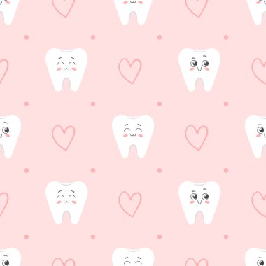 Mutlu dişleri ve çizgi film tarzında kalpleri olan kusursuz bir desen. Vektör illüstrasyonu