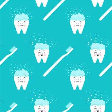 Mutlu dişleri ve çizgi film tarzında diş fırçası olan kusursuz bir desen. Vektör illüstrasyonu