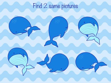 Aynı fotoğrafları bul. Şirin balinaların oynadığı eğitici oyunlar. Vektör illüstrasyonu