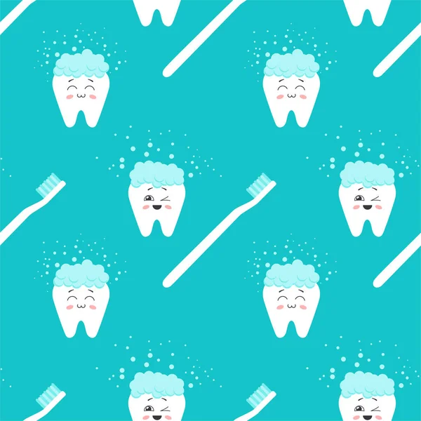 Płynny Wzór Szczęśliwymi Zębami Szczoteczką Zębów Stylu Kreskówki Ilustracja Wektora — Wektor stockowy