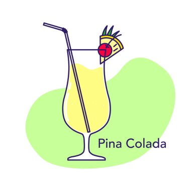 Alkolik kokteyl. Beyaz arka planda izole edilmiş pina colada. Vektör illüstrasyonu