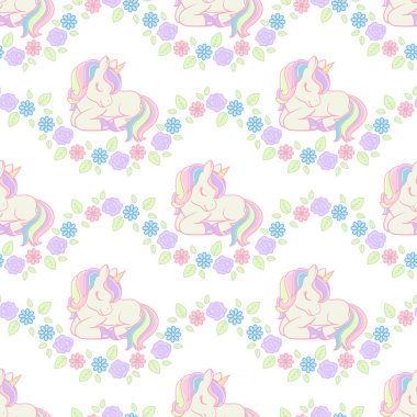 Tatlı Çizgi Film 'in çiçeklerle Unicorn' a uzandığı kusursuz bir desen. Vektör illüstrasyonu