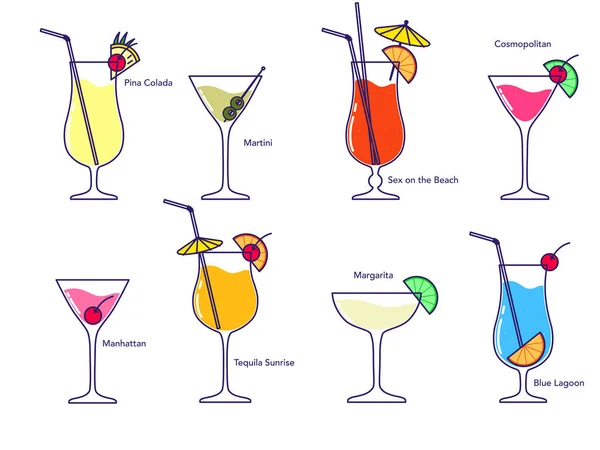 Alkoholisti Cocktail Kokoelma Sininen Laguuni Manhattan Martini Tequila Auringonnousu Pina — vektorikuva