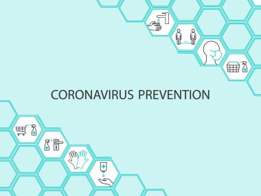 Coronavirus önleme geçmişi - tıbbi maske ve eldiven kullanımı, el yıkama, araba ve sepetlerin dezenfekte edilmesi, sosyal mesafeyi korumak. Vektör illüstrasyonu