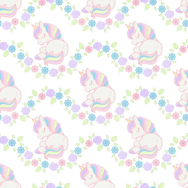Seamless Pattern Cute Cartoon Lying Unicorn Flowers Vector Illustration — Stock Vector