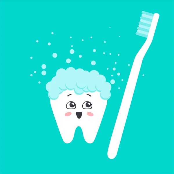 Happy Tooth Toothbrush Cartoon Style Isolated Mint Background Vector Illustration — Stock Vector