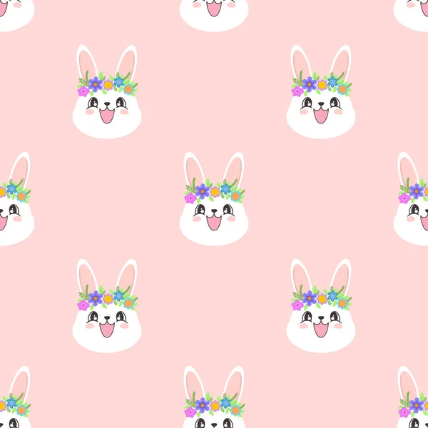 Seamless Pattern Cute Bunny Wreaths Flowers Cartoon Style Vector Illustration — Stock Vector