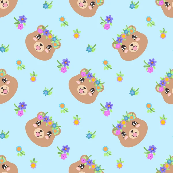 Seamless Pattern Cute Bear Wreaths Flowers Cartoon Style Vector Illustration — Stock Vector