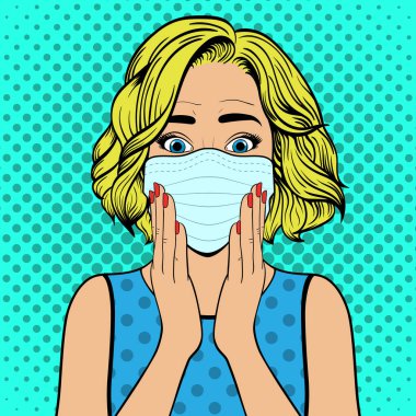 Tıbbi maskeli şaşırmış bir kadın. Komik kadın. Kadın yüzü. Pop Art vintage vektör illüstrasyonu
