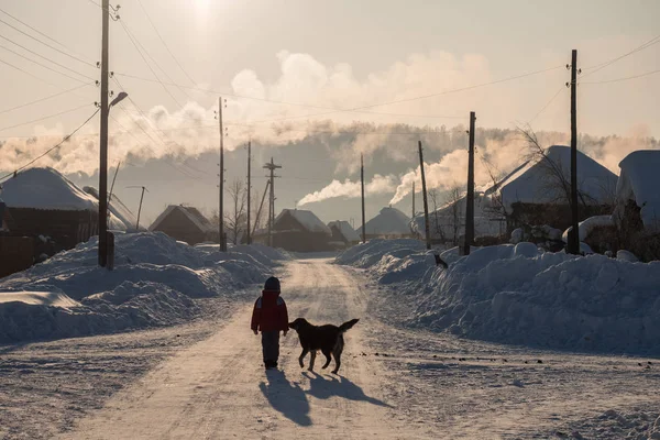 the child walks with the dog on the street of the village on a frosty day against the backdrop of houses which of pipes is smoke