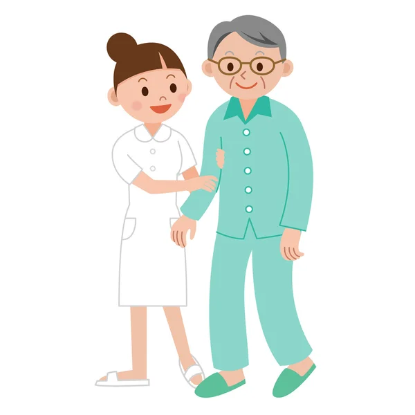 Verpleegkundige helpen een oudere man met walker — Stockvector