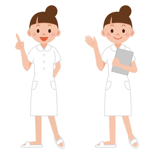 Young nurse pointing the index finger up, guiding information, w
