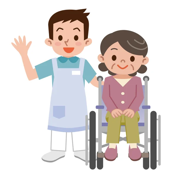Femme âgée en fauteuil roulant et jeune aidante — Image vectorielle