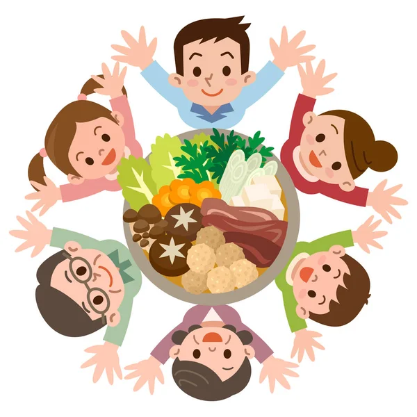 Smile of the large family that rejoice in casserole — Stock Vector