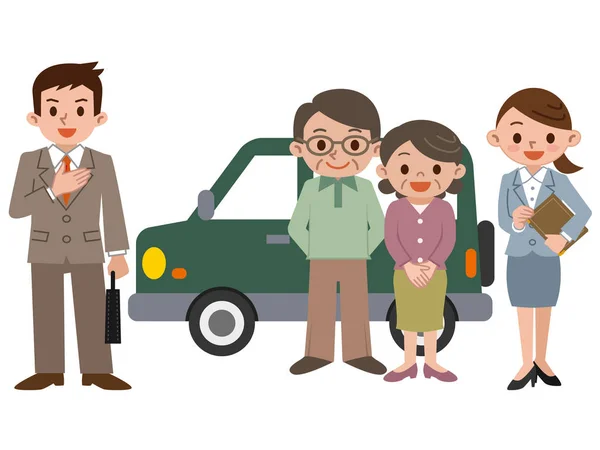 Pareja mayor para comprar un coche — Vector de stock