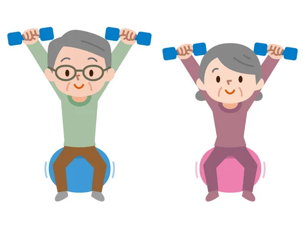 Senior couple lifting dumbbells while sitting on exercise ball — Stock Vector