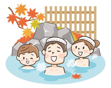 Tatlı Japon ailesi geleneksel kaplıcaların keyfini çıkarıyor.