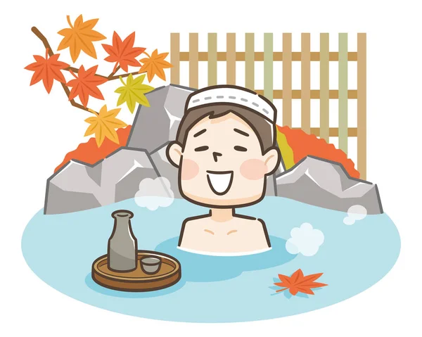 Молодий чоловік розслабляє традиційну гарячу весну насенську ванну у відпустці — стоковий вектор