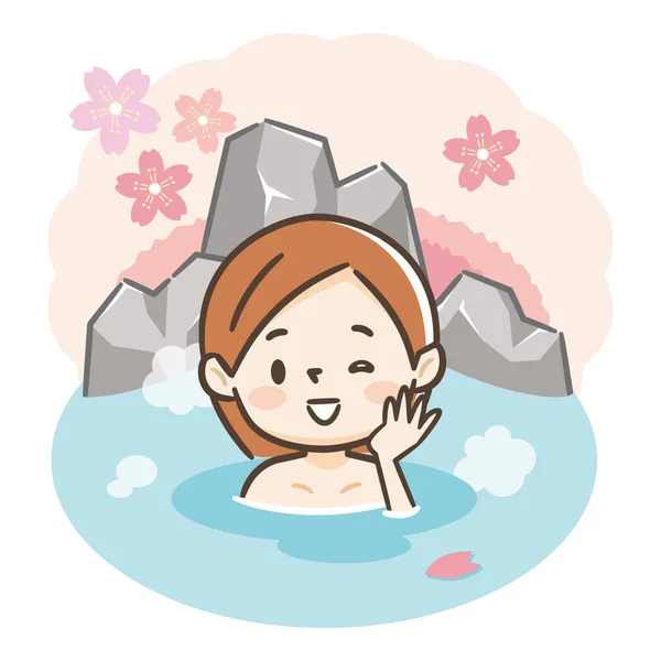 Japonais femme appréciant relaxant traditionnel chaud source onsen ba — Image vectorielle