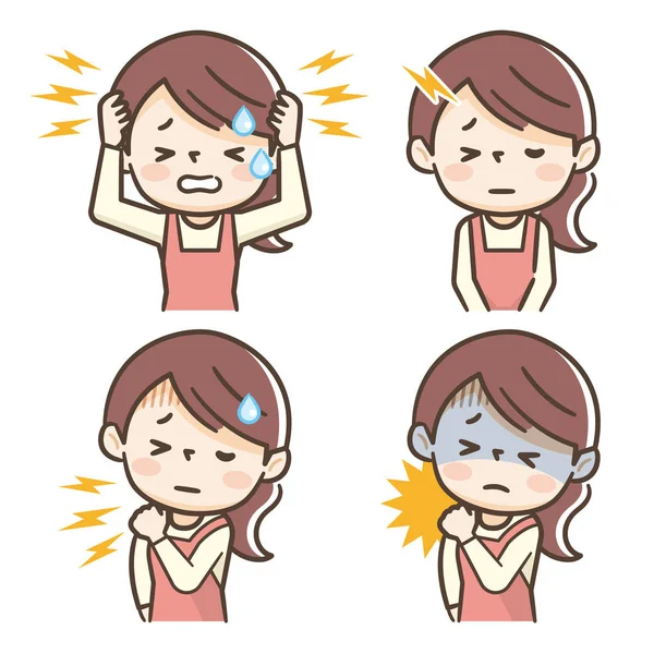 Junge Hausfrau leidet unter Kopfschmerzen und steifen Schultern — Stockvektor