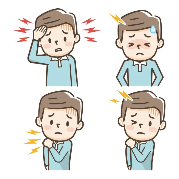 Young man suffering from headache and stiff shoulders — Stock Vector