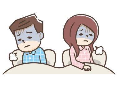 Asian couples quarrel sit in bed ,they argue not to talk to each clipart