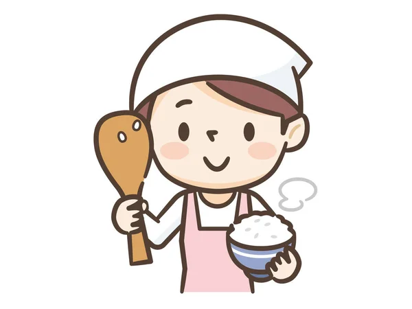 Smiling female cook with rice and rice paddle — Stock Vector