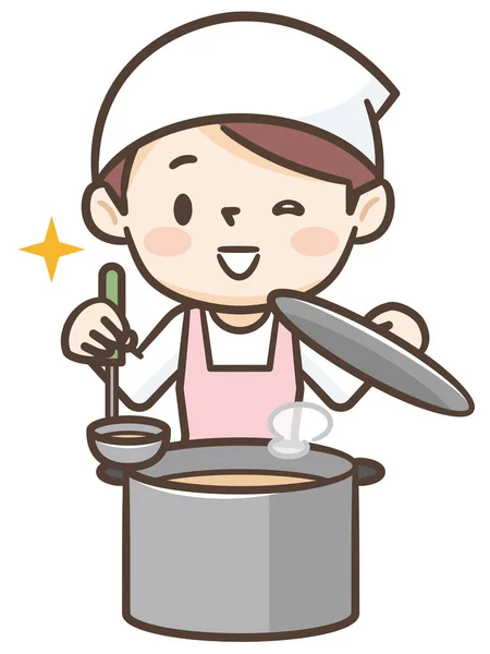 Cozinheiro fêmea sorridente com panela — Vetor de Stock