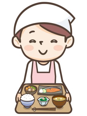 Genç aşçı kadının tabağı var.