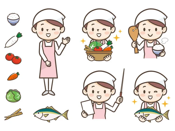 Young cook woman illustration set — Stock Vector