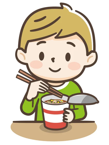 Leuke jongen eet beker ramen — Stockvector