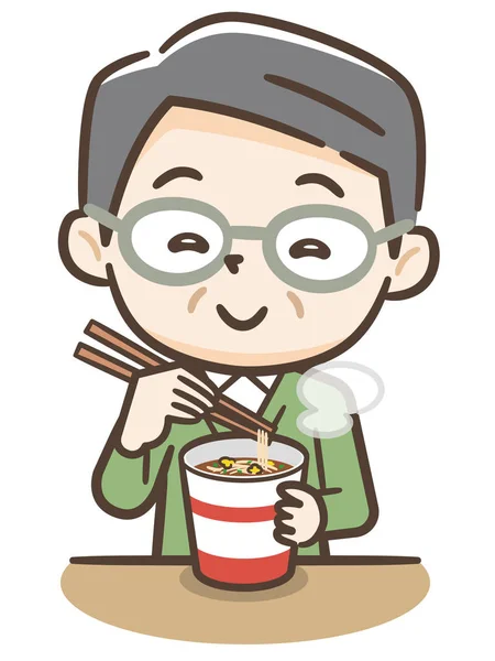 Elderly man eating instant noodles — Stock Vector