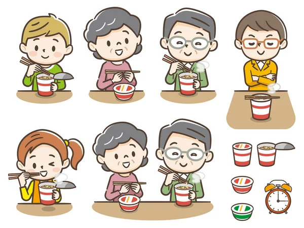 Ilustração de pessoas comendo macarrão copo — Vetor de Stock