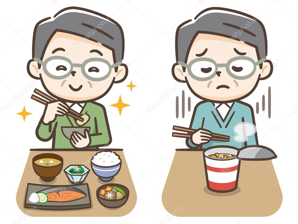 Elderly man eating instant noodles