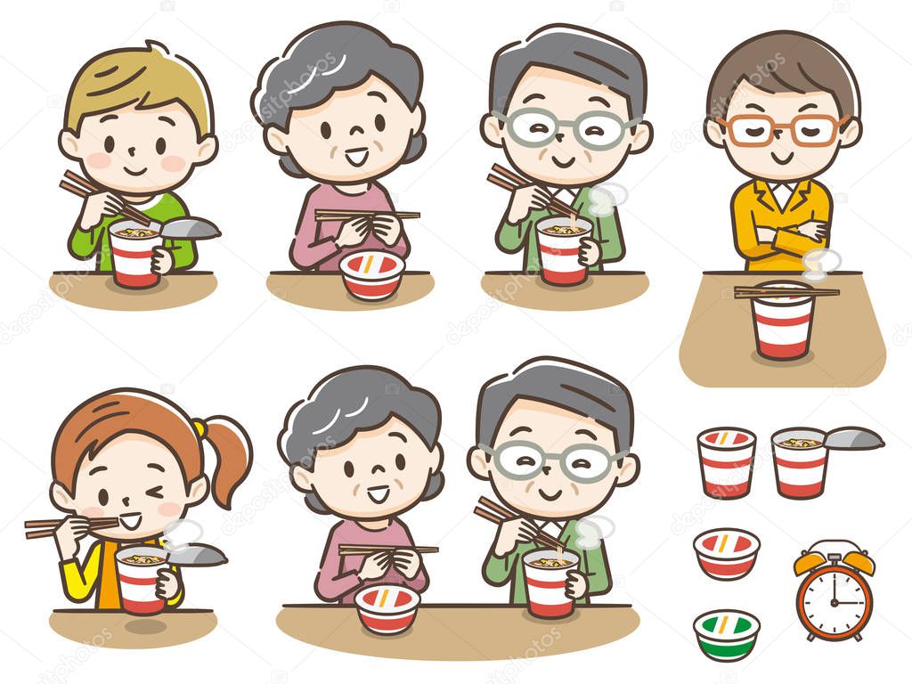 Illustration of people eating cup noodles