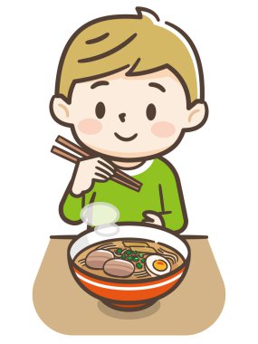 Ramen yiyen bir çocuğun resmi.