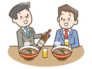 Bir erkek ikiliyi ramen yerken ve içki içerken hayal etmek.