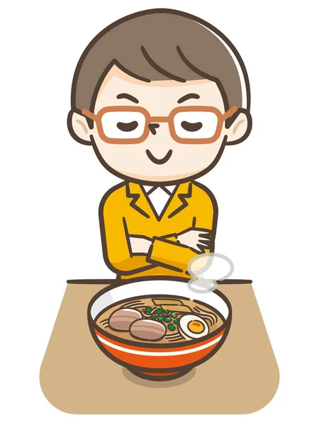 Ilustração de um jovem comendo ramen — Vetor de Stock