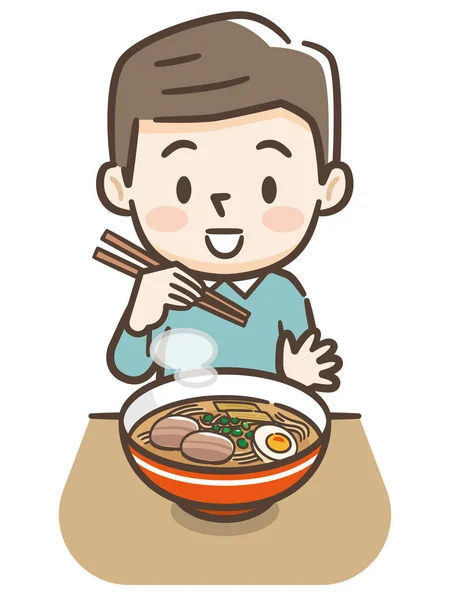 Ilustrasi dari seorang pemuda makan ramen - Stok Vektor