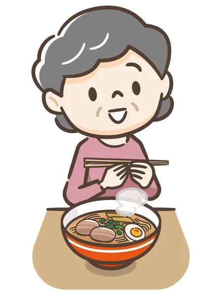 Illustrazione di una donna anziana che mangia ramen — Vettoriale Stock